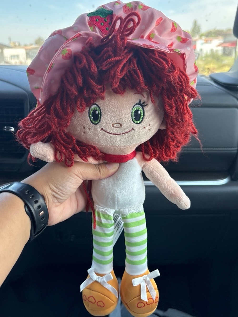 Strawberry Shortcake-Inspired Red-Haired Plush Doll with Pink Hat